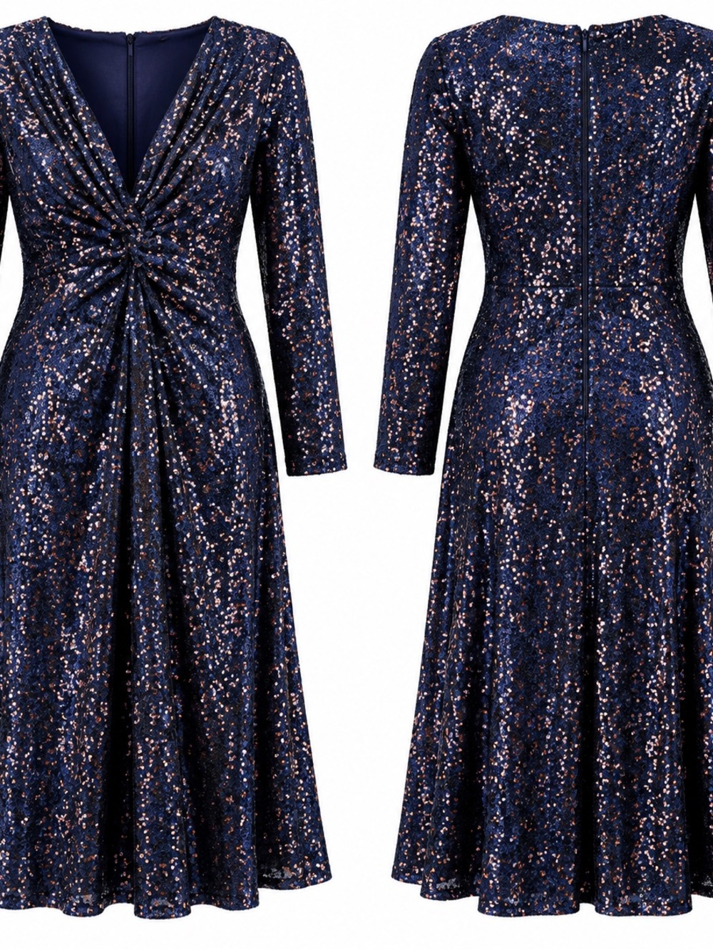 Tahari Navy Sequin Twist-Front Long Sleeve Midi Dress